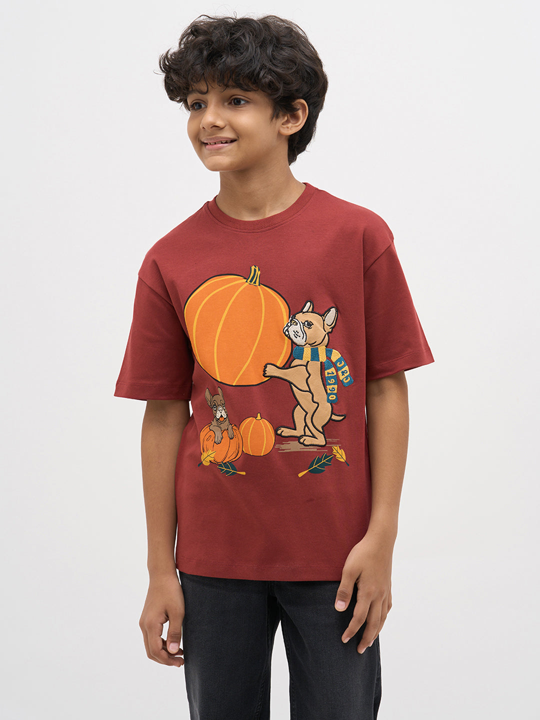 Rust Red Embroidered Print T-Shirt