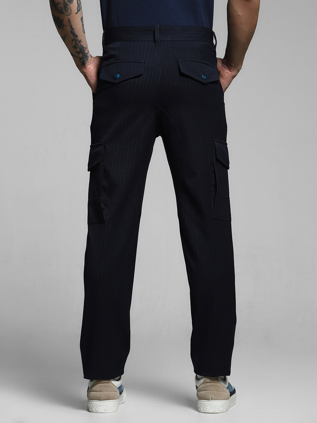 Men's Navy Blue Pinstripe Anti Fit Cargo Pants With 6 Pockets