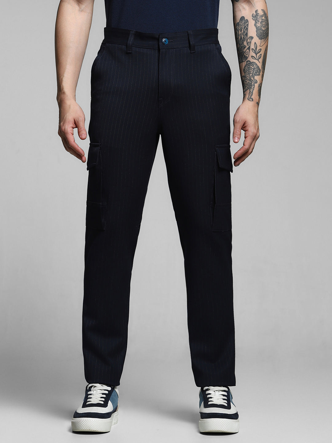 Men's Navy Blue Pinstripe Anti Fit Cargo Pants With 6 Pockets