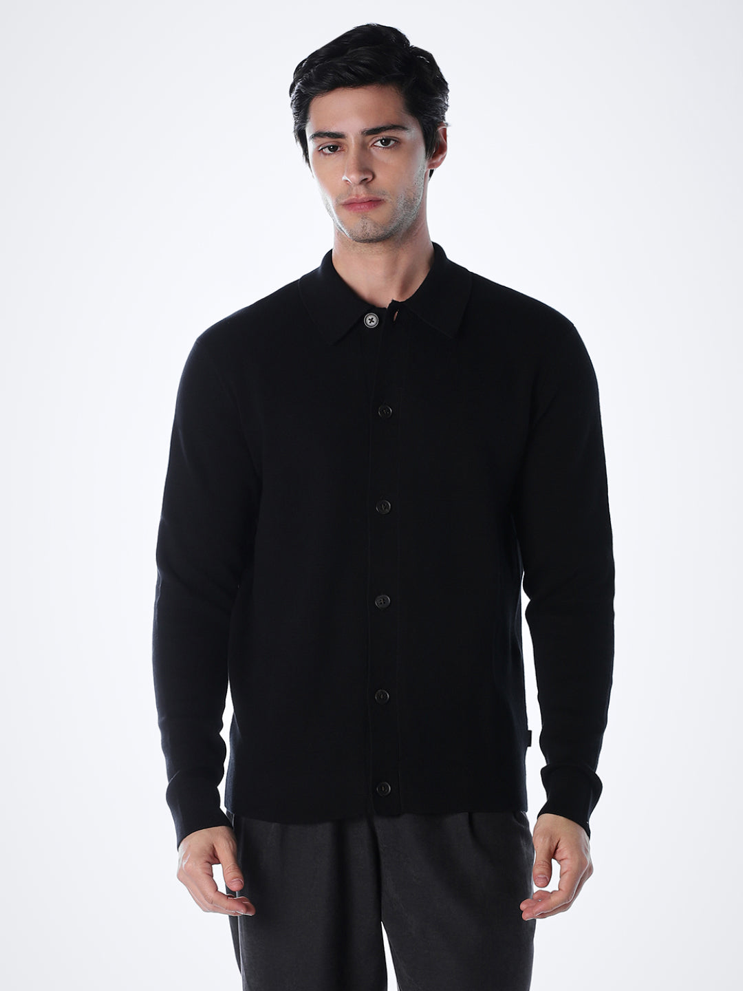 Black Flat Knit Cotton Cardigan