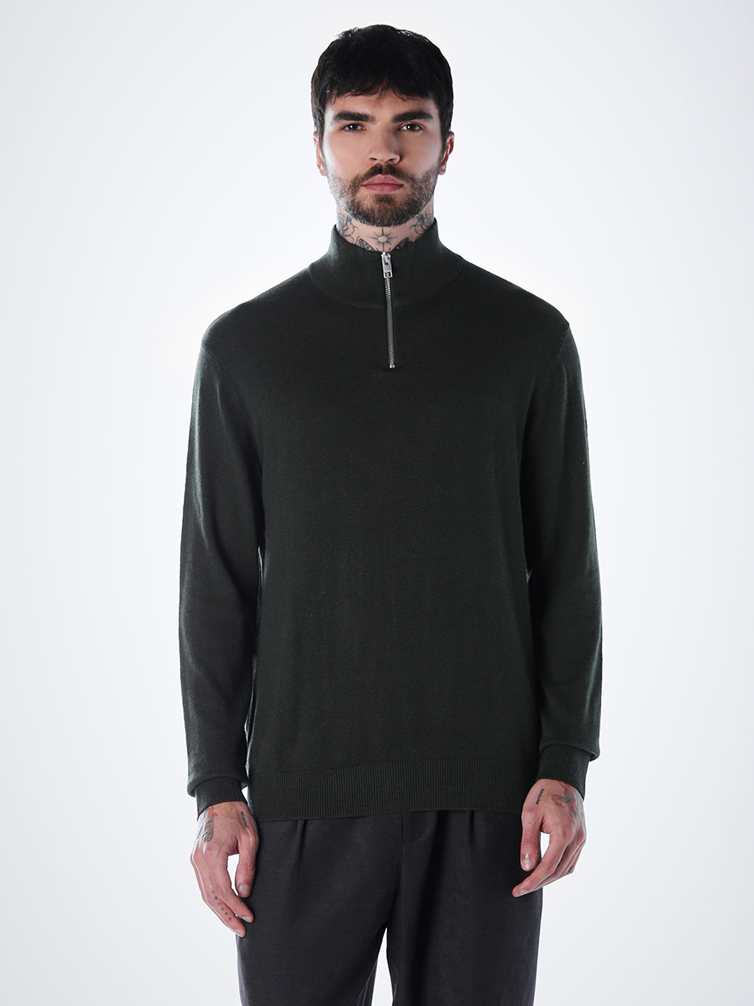 Zip-Up High Neck Flat Knit - Green