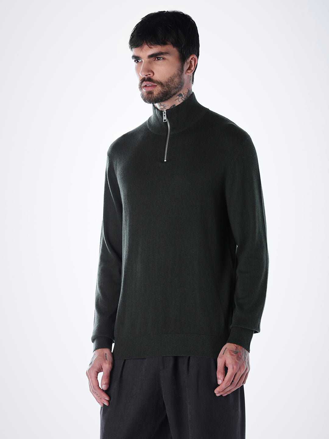Zip-Up High Neck Flat Knit - Green