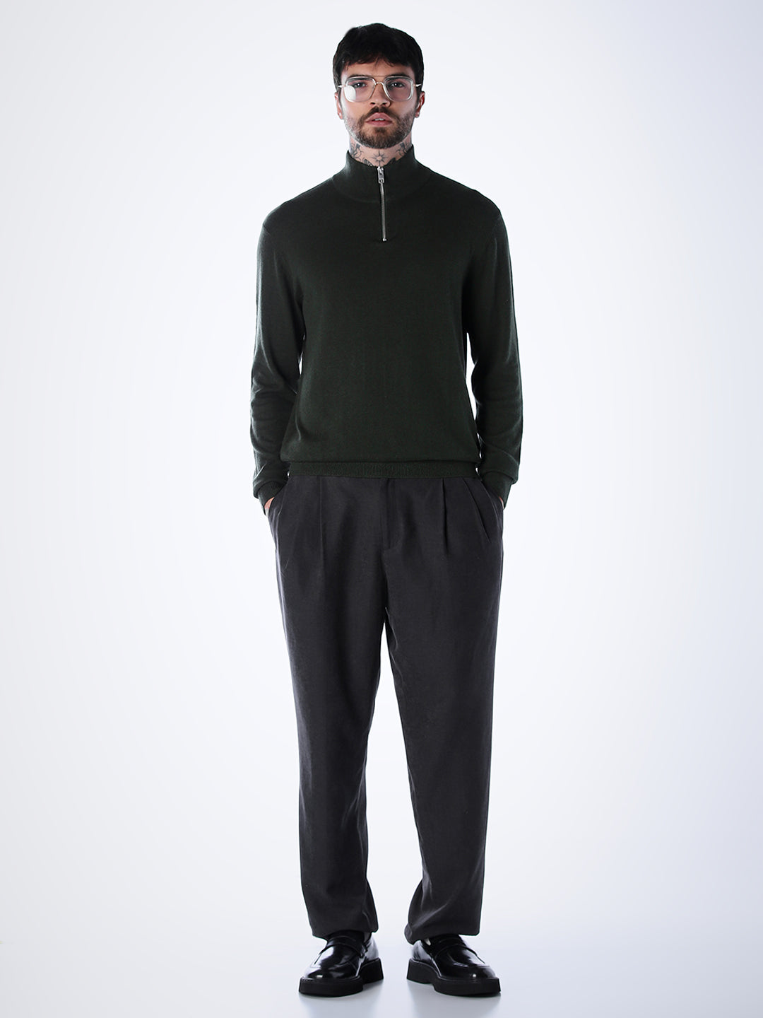 Zip-Up High Neck Flat Knit - Green