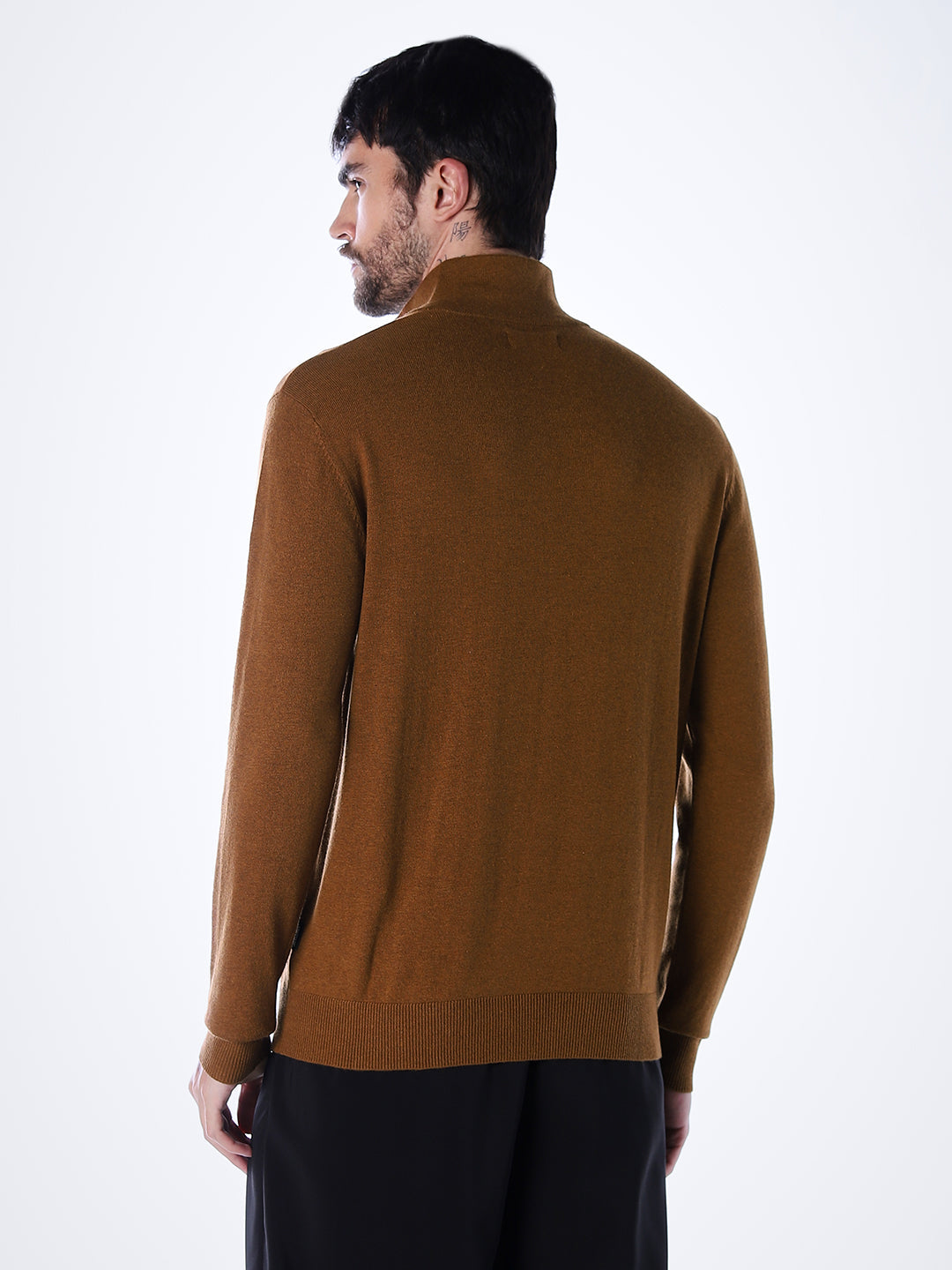 Zip-Up High Neck Flat Knit - Brown