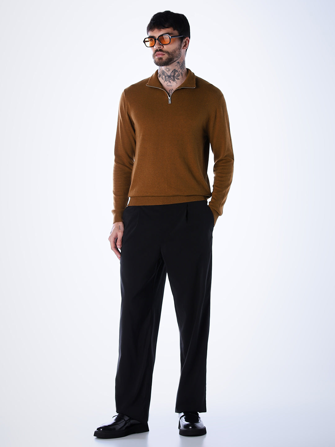 Zip-Up High Neck Flat Knit - Brown