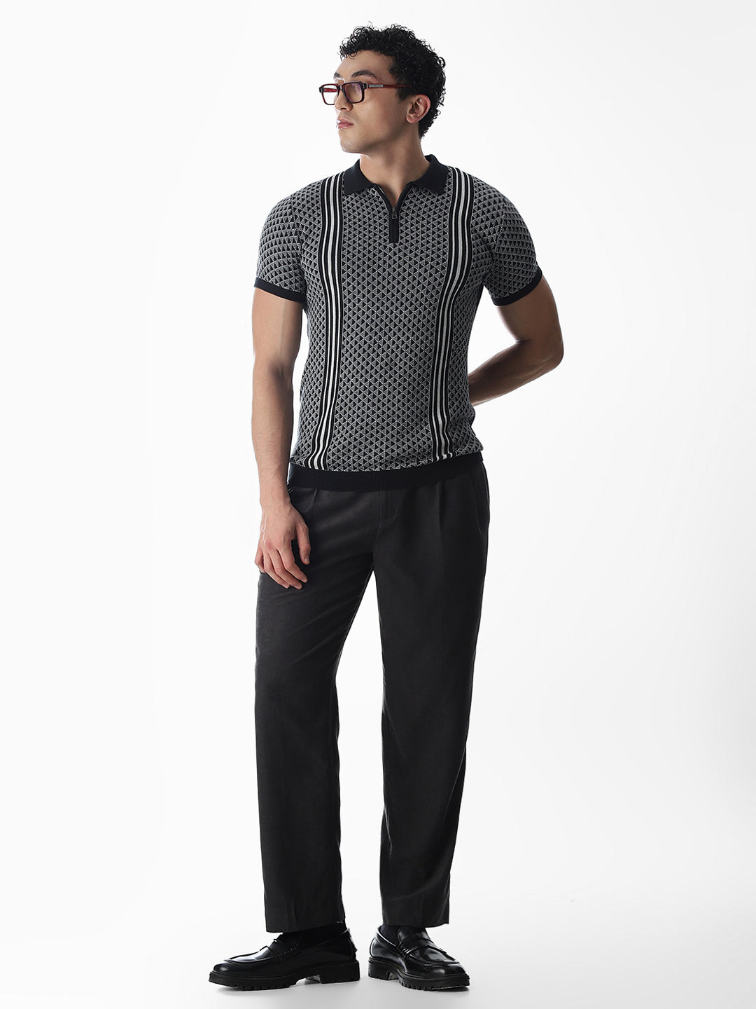 Zipper Detailing Flat Knit Polo