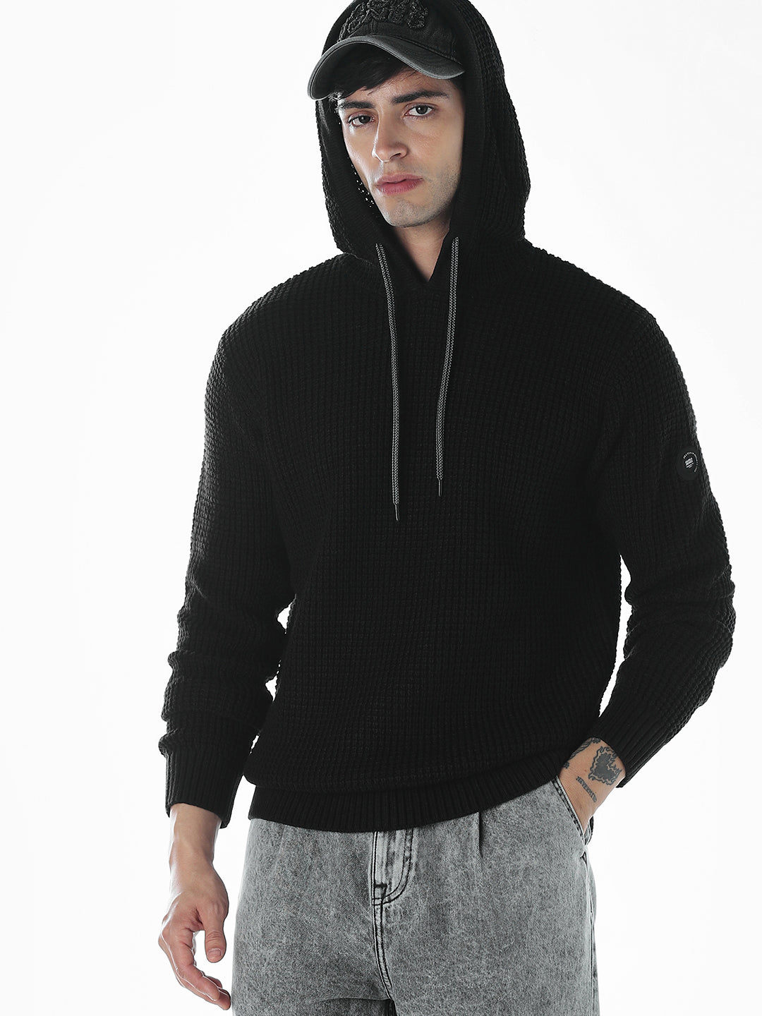 Textured Oversized Hooded Pullover - Black