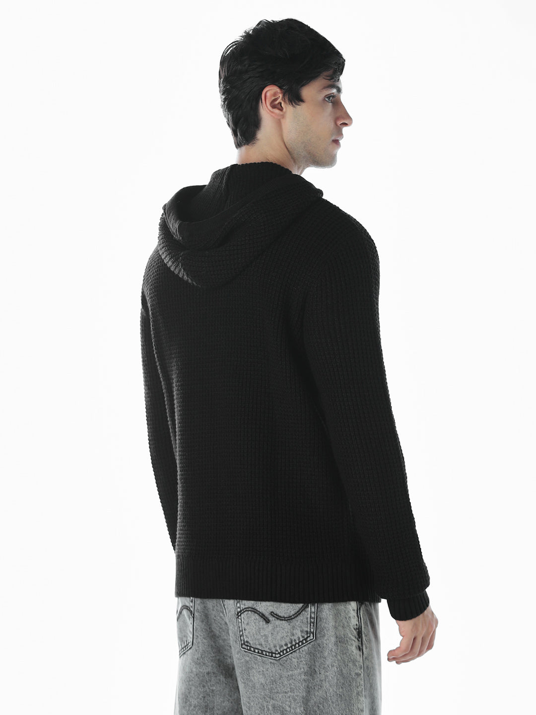 Textured Oversized Hooded Pullover - Black