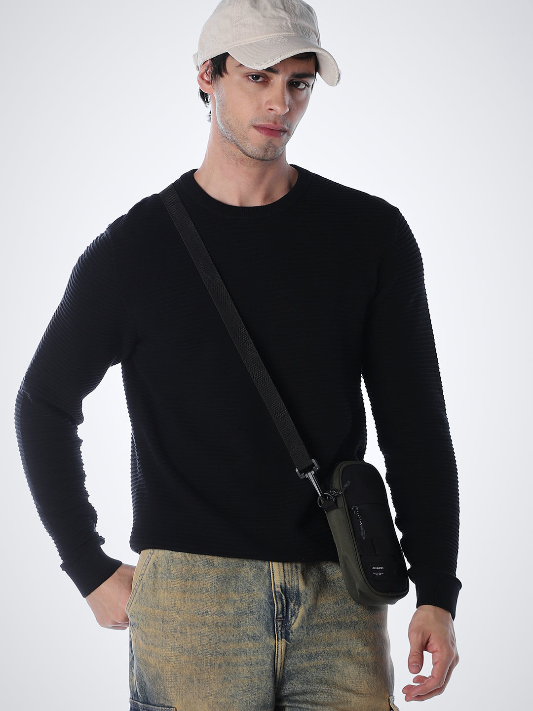 Black Cotton Flat Knit Pullover