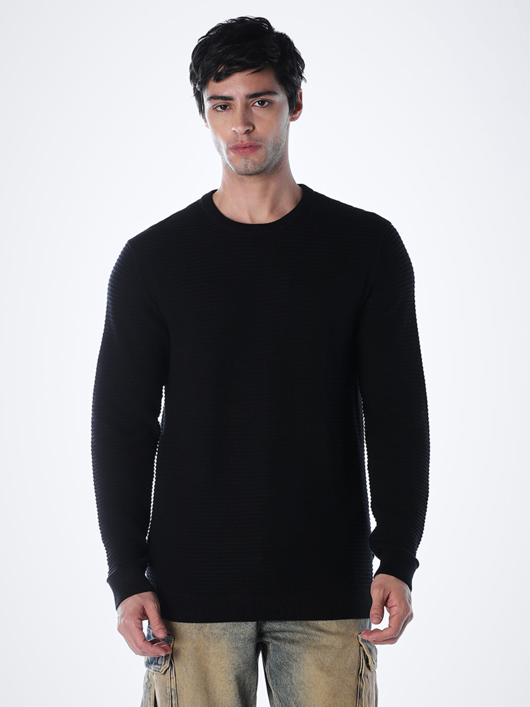 Black Cotton Flat Knit Pullover