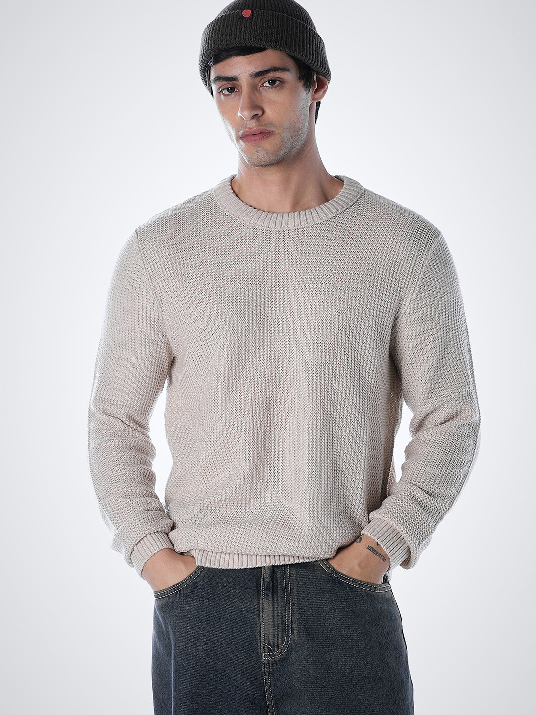 Grey Cotton Flat Knit Pullover