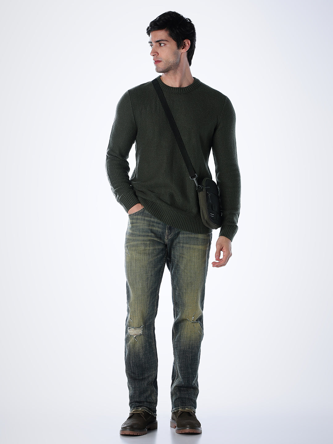 Green Cotton Flat Knit Pullover