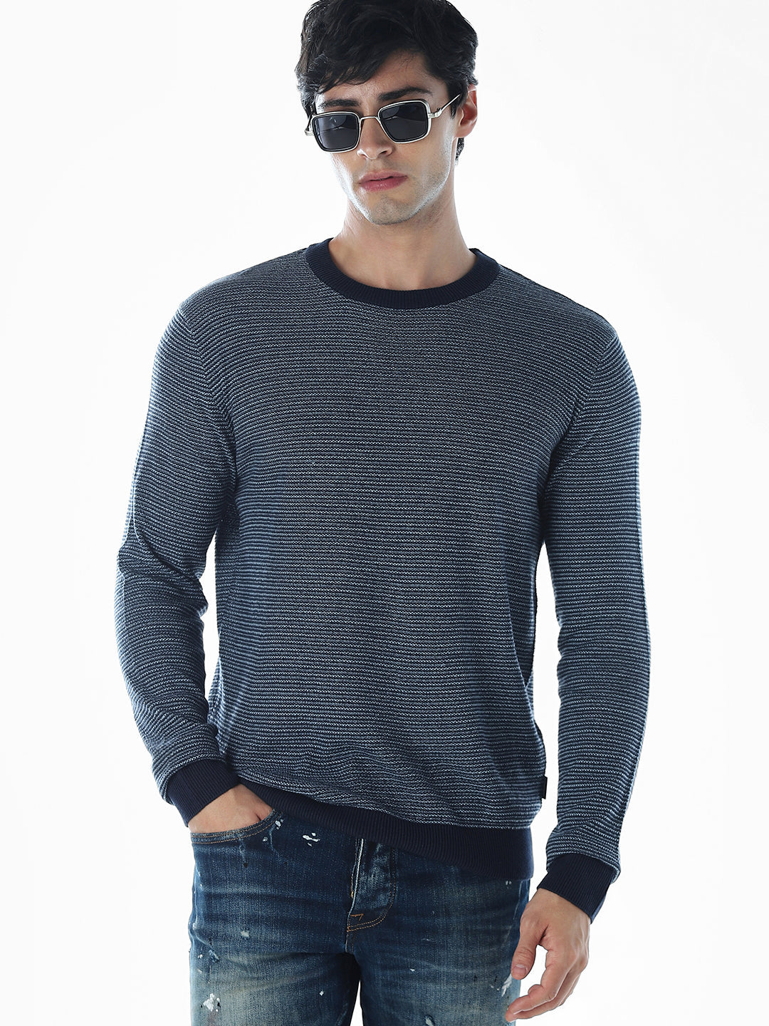 Striped Flat Knit Cotton Pullover