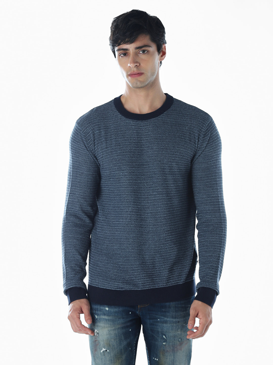 Striped Flat Knit Cotton Pullover