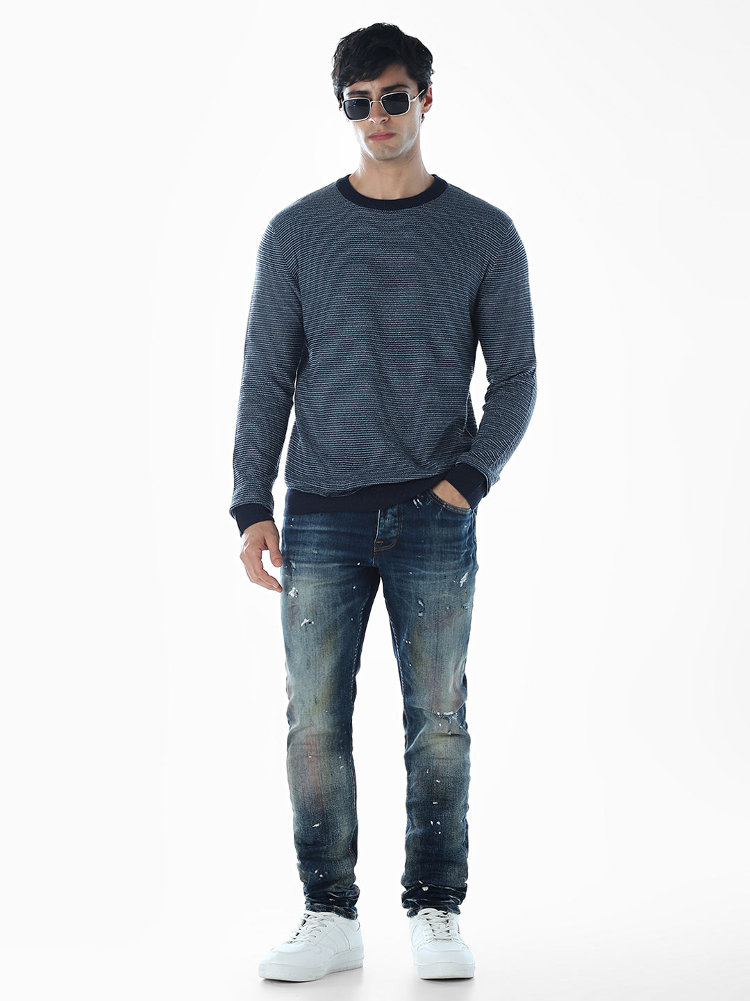 Striped Flat Knit Cotton Pullover