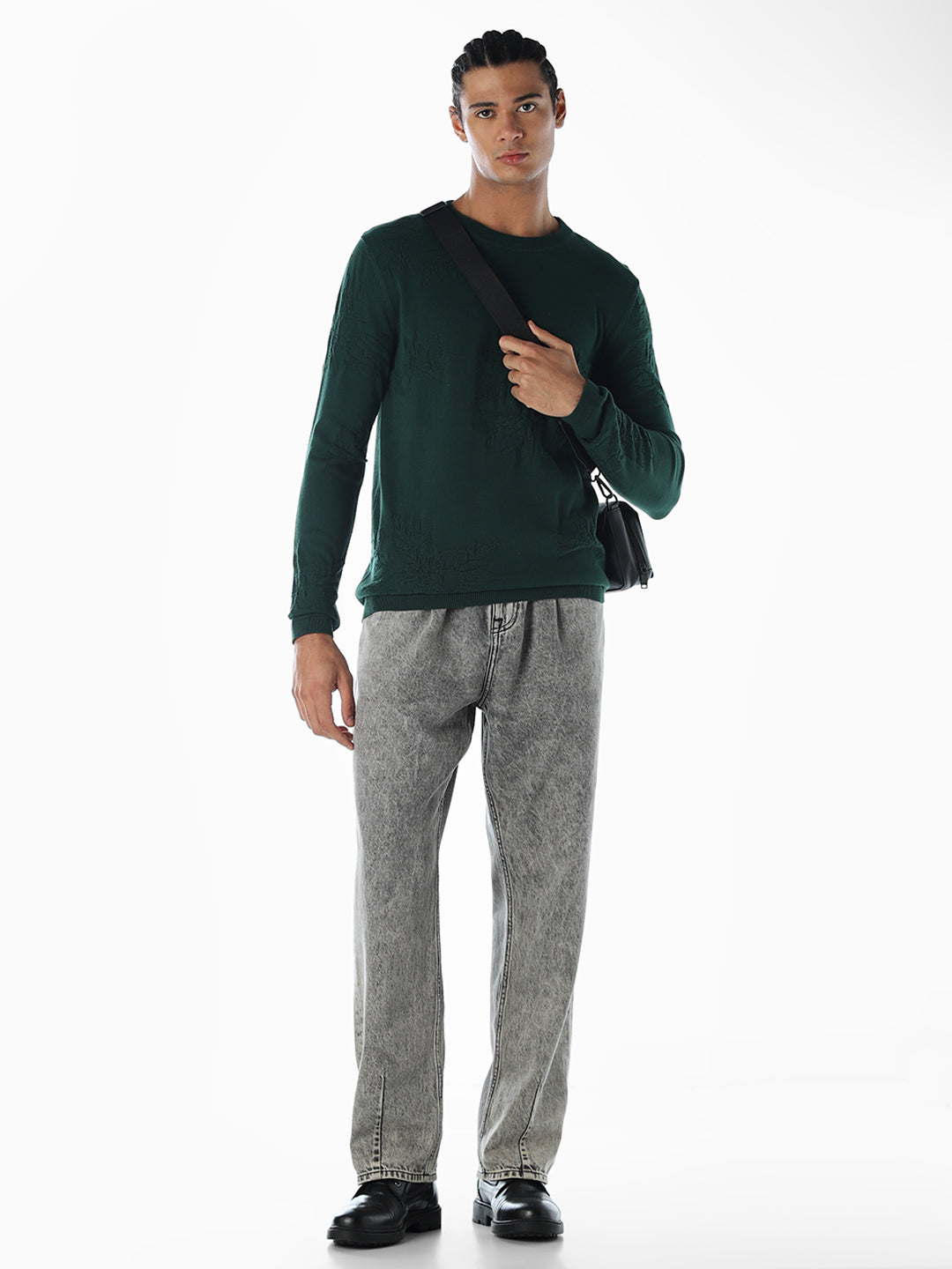 Printed Flat Knit Oversized Pullover - Green