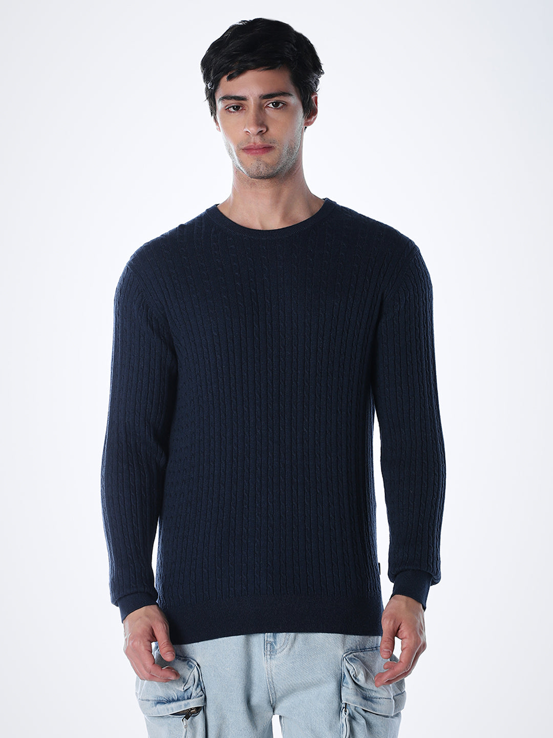 Navy Blue Flat Knit Pullover