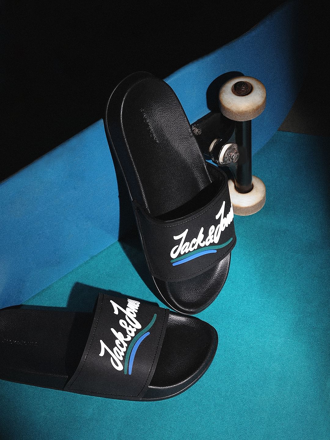 Black Cursive Logo Pool Sliders