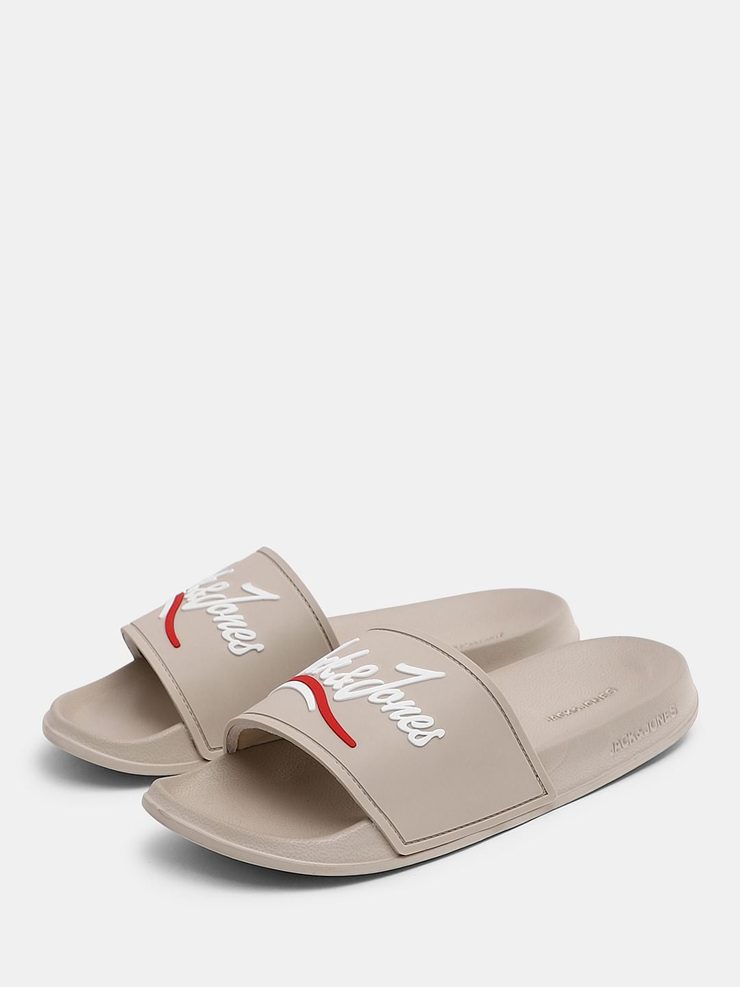 Beige Cursive Logo Pool Sliders