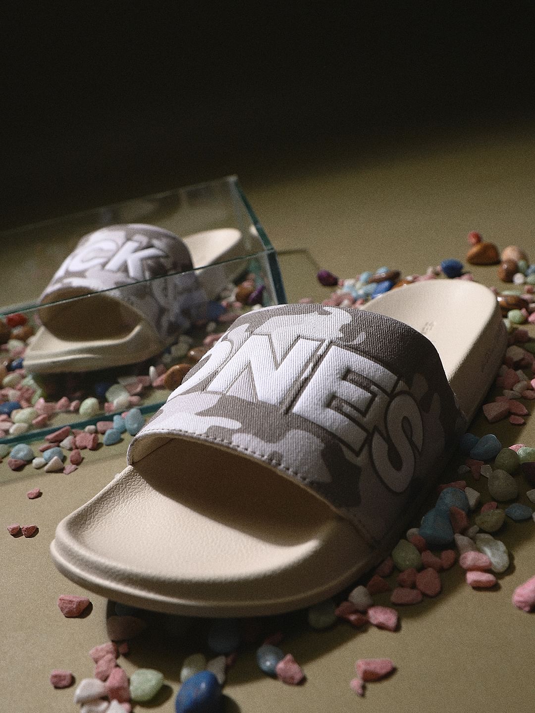 Beige Camo Embroidered Logo Pool Sliders