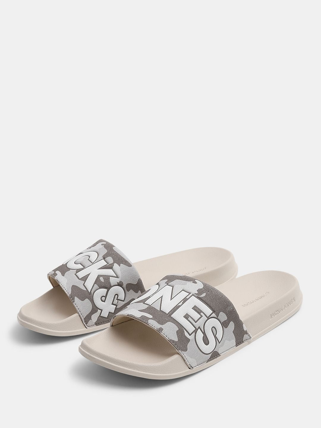 Beige Camo Embroidered Logo Pool Sliders