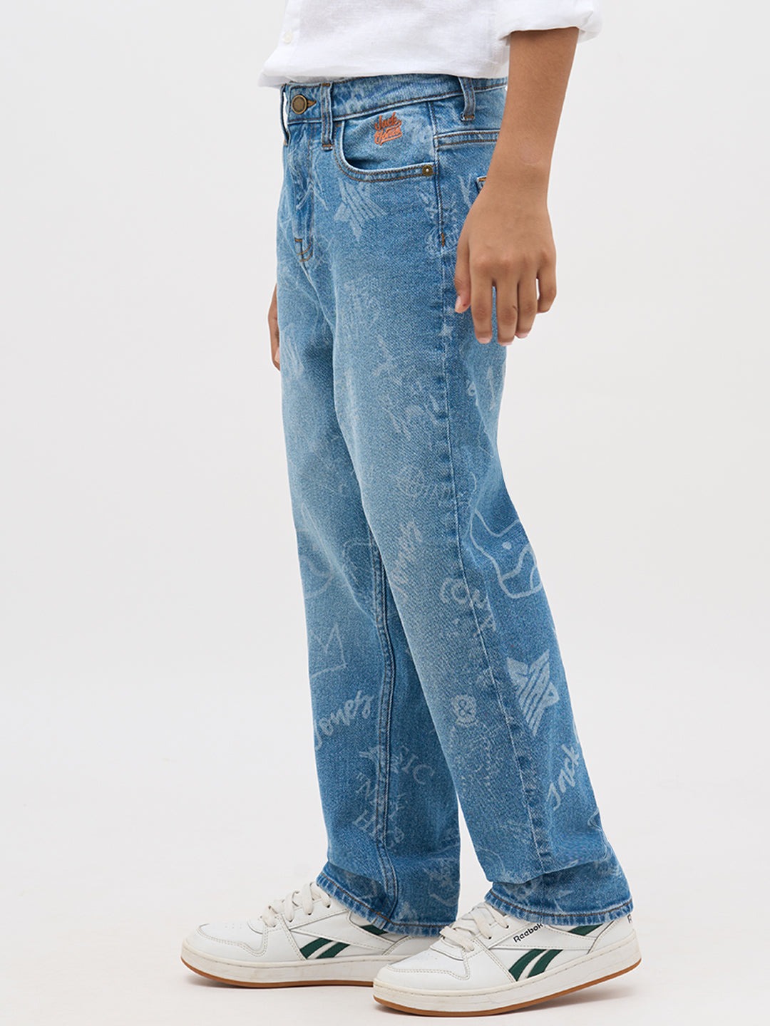 Blue Washed Printed Loose Fit Jeans