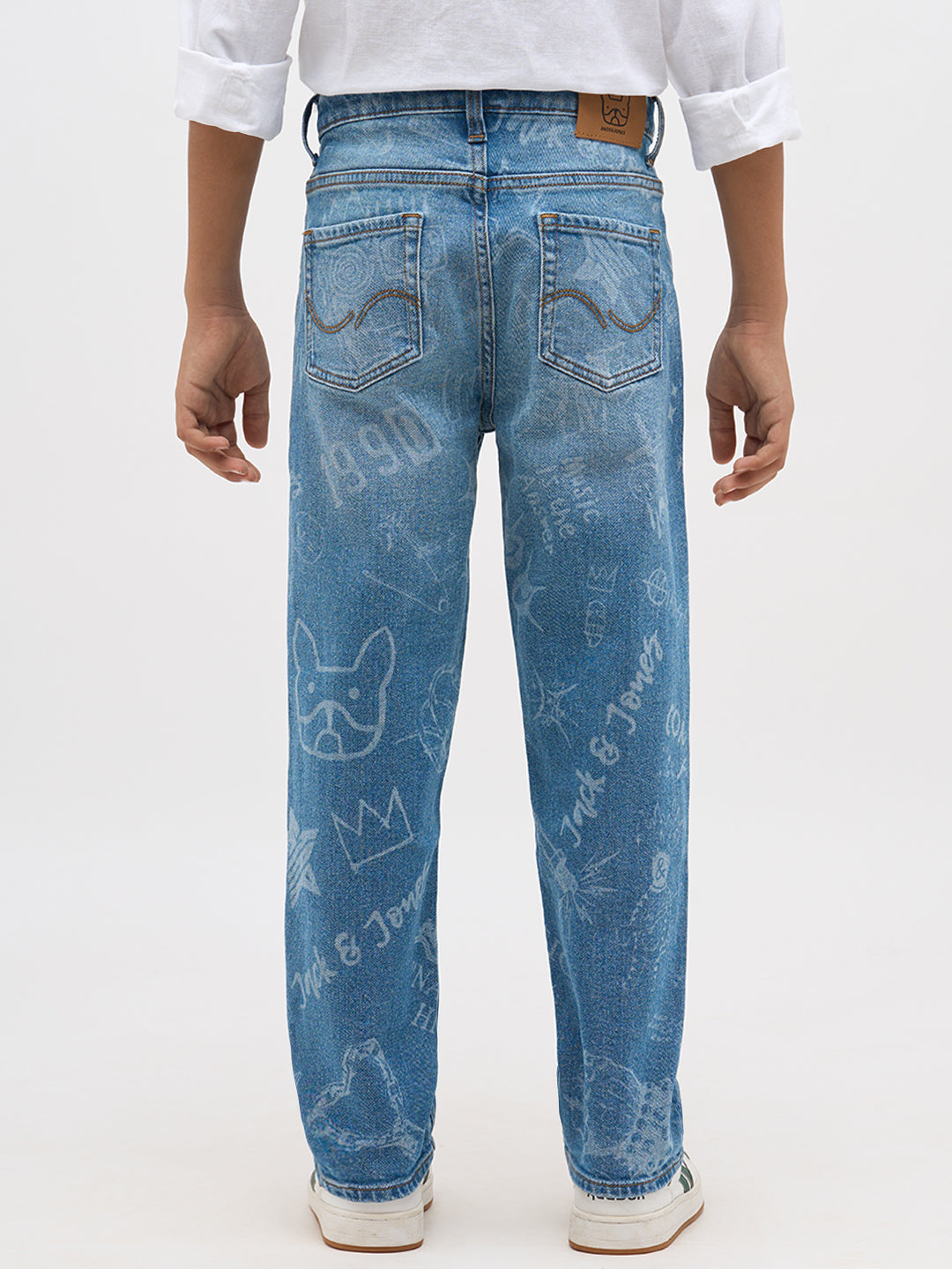 Blue Washed Printed Loose Fit Jeans