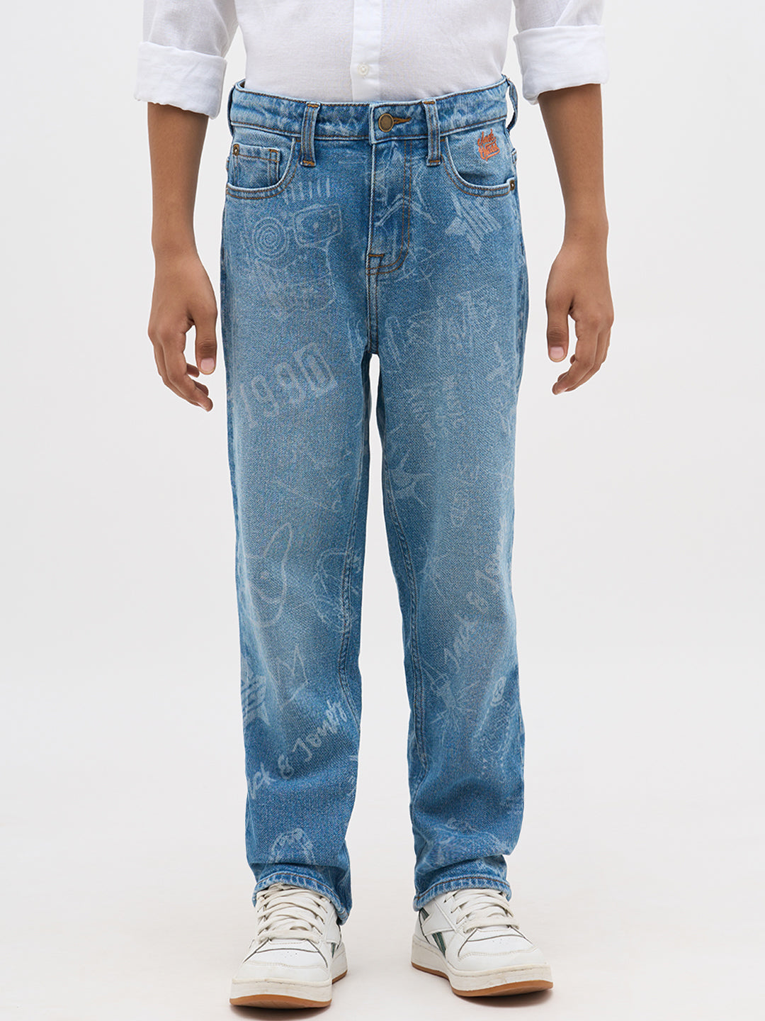 Blue Washed Printed Loose Fit Jeans