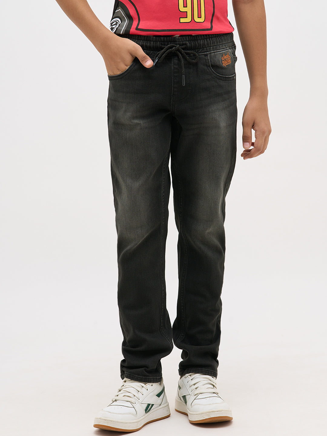 Black Washed Drawstring Regular Fit Jeans