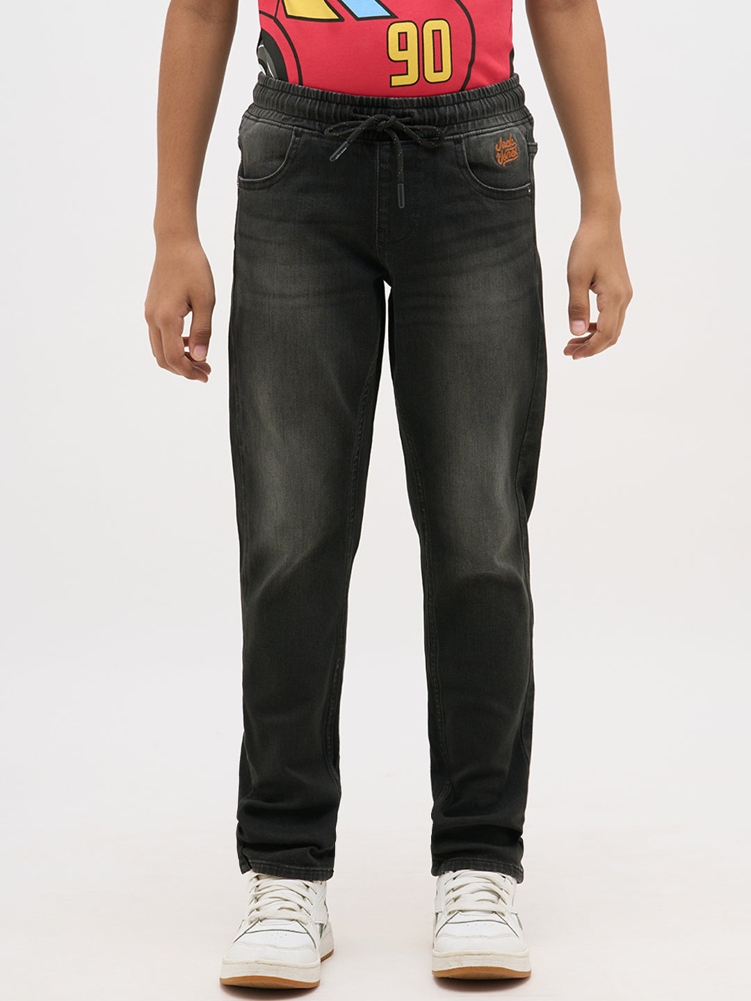 Black Washed Drawstring Regular Fit Jeans