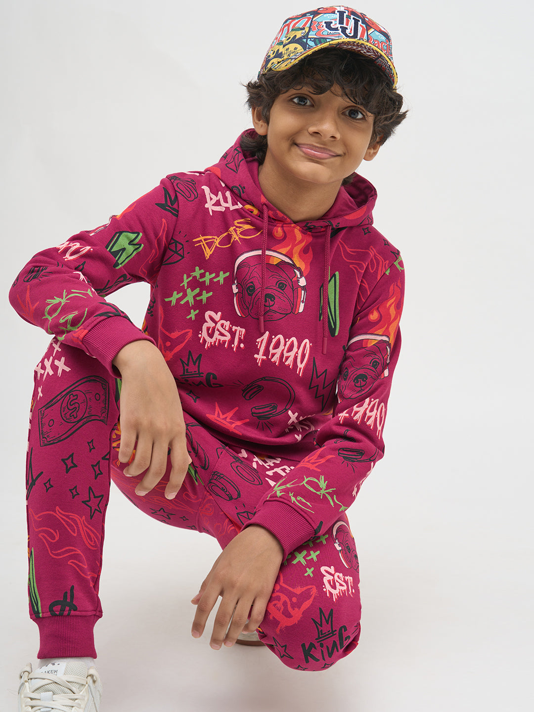 Boys Magenta Printed Hoodie