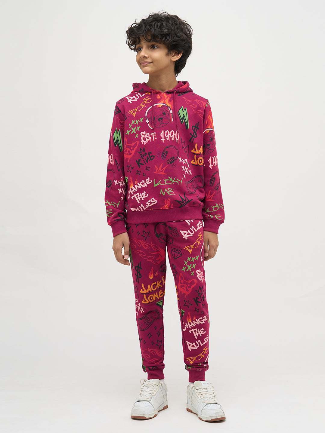 Boys Magenta Printed Hoodie
