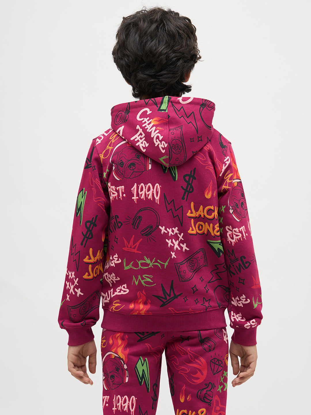 Boys Magenta Printed Hoodie