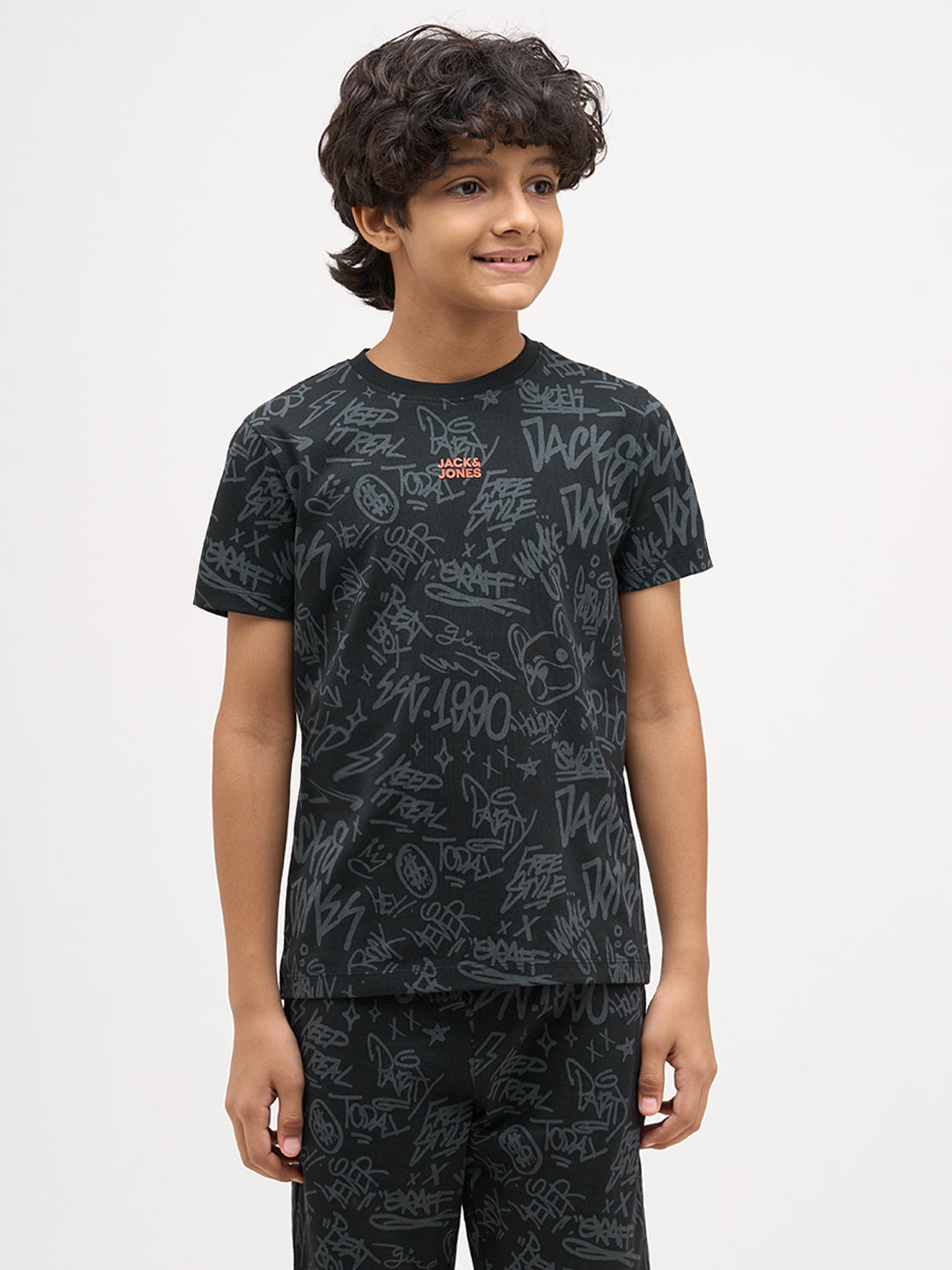 Boys Printed Cotton T-shirt - Black