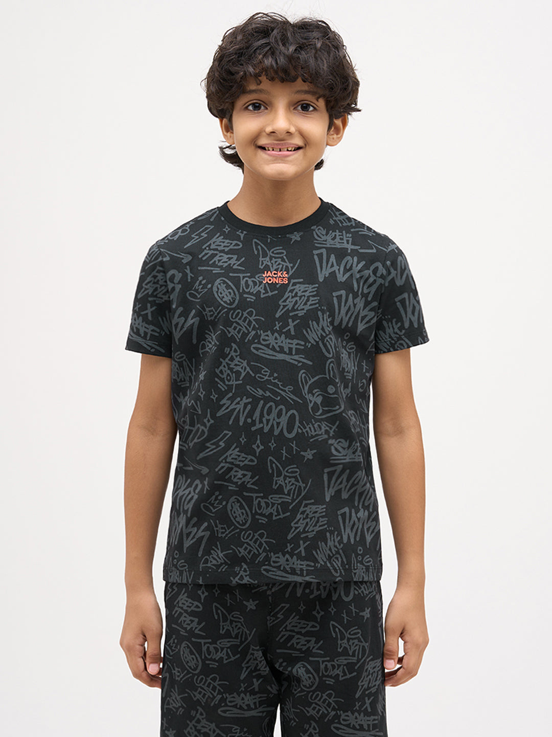 Boys Printed Cotton T-shirt - Black