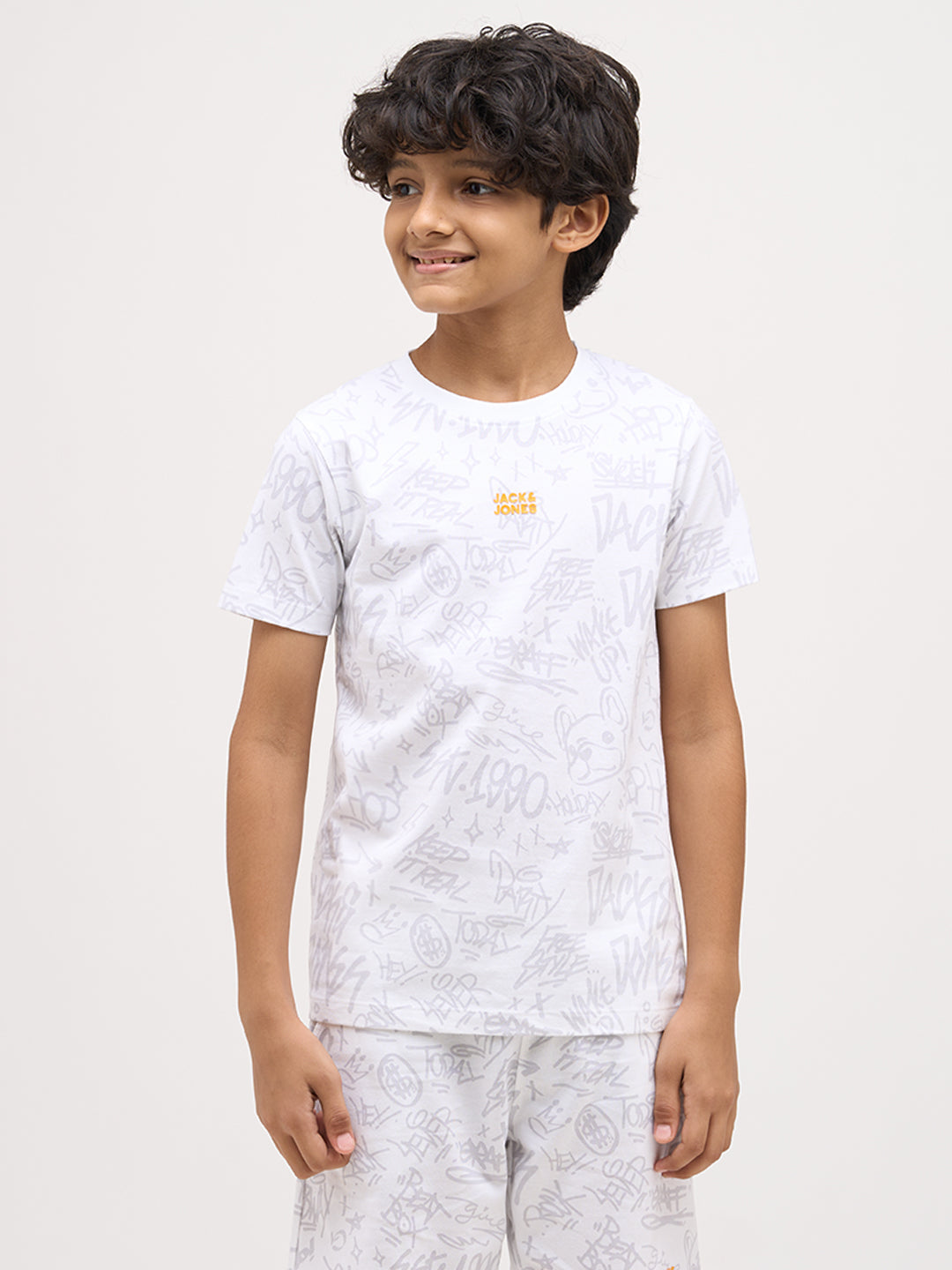 Boys Printed Cotton T-shirt - White