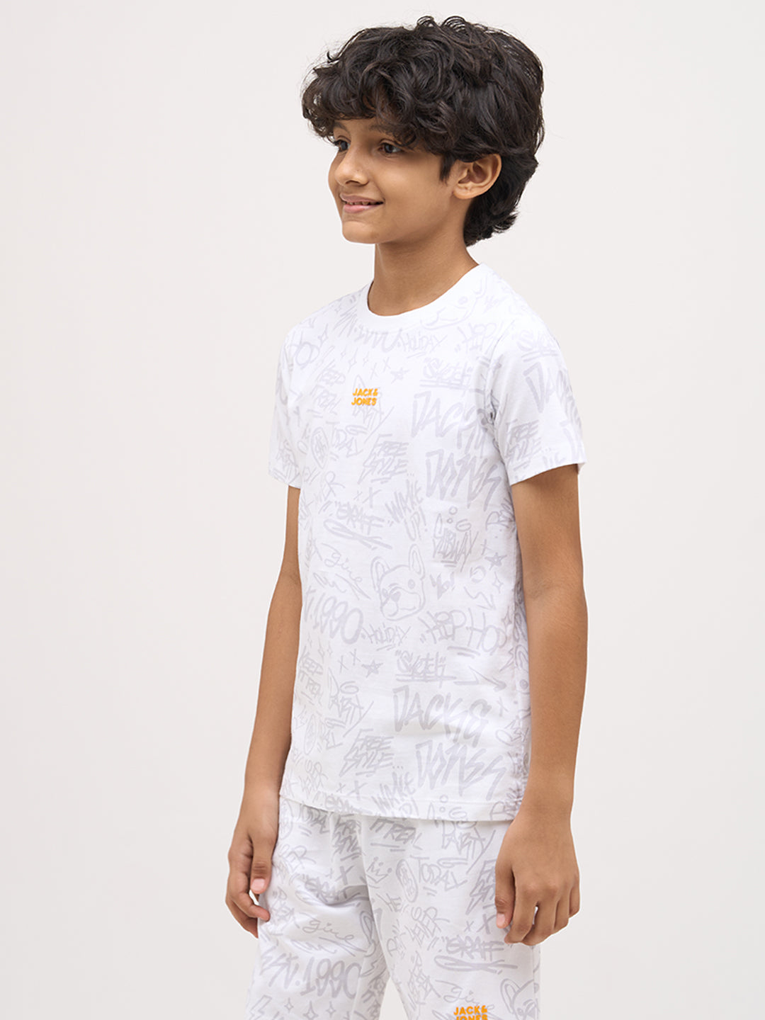 Boys Printed Cotton T-shirt - White