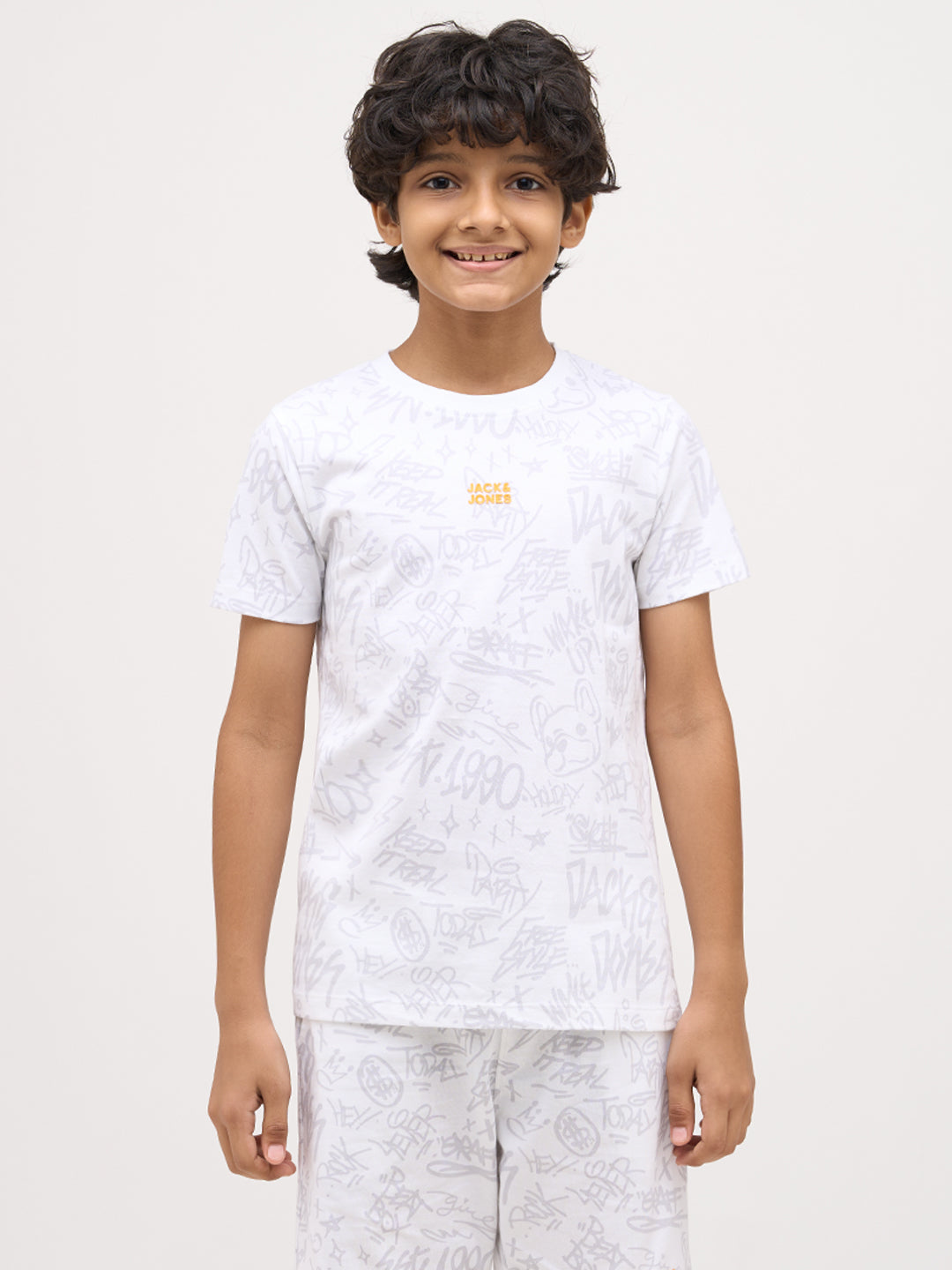 Boys Printed Cotton T-shirt - White