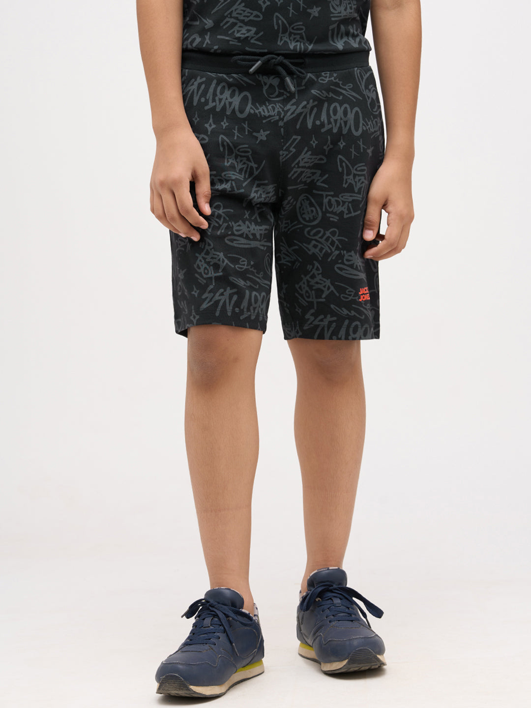 Boys Printed Cotton Shorts - Black
