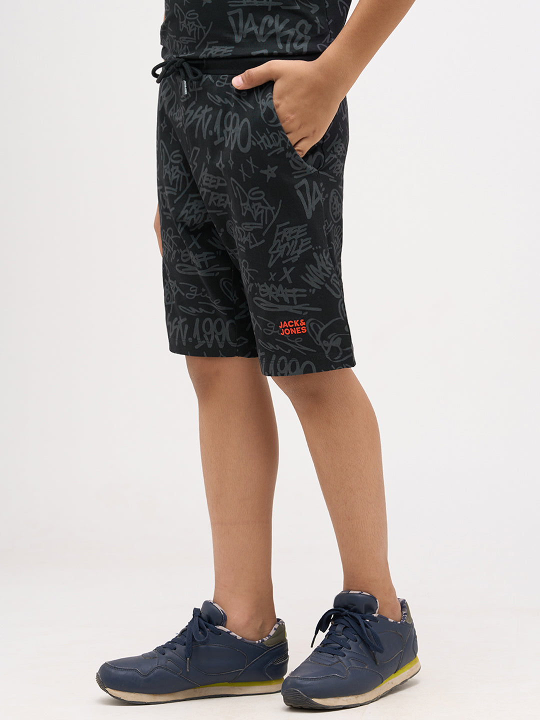Boys Printed Cotton Shorts - Black