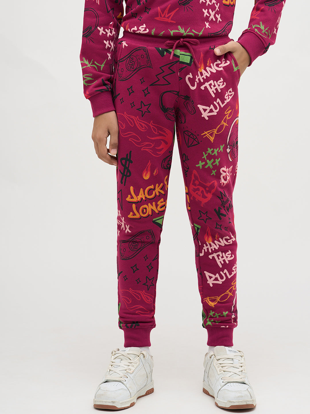 Boys Magenta Printed Sweatpants