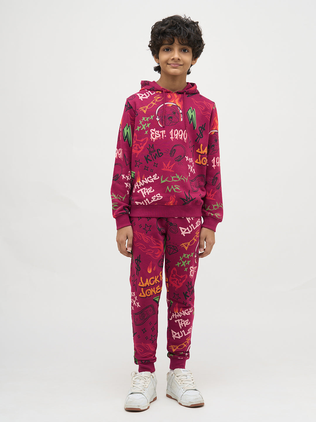 Boys Magenta Printed Sweatpants