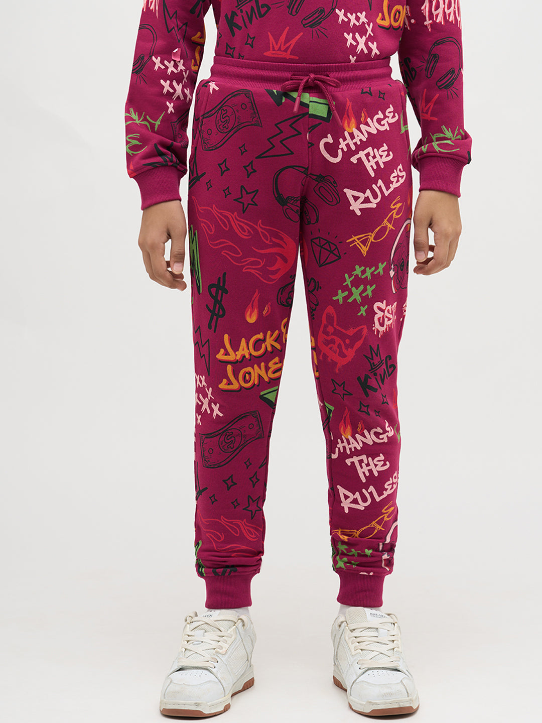 Boys Magenta Printed Sweatpants