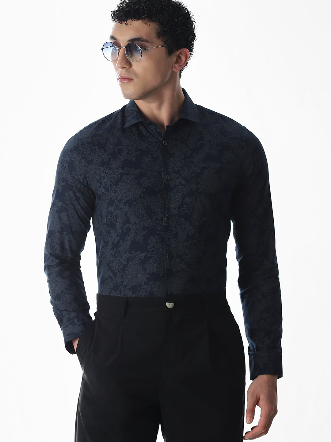 Printed Navy Blue Slim Fit Shirt