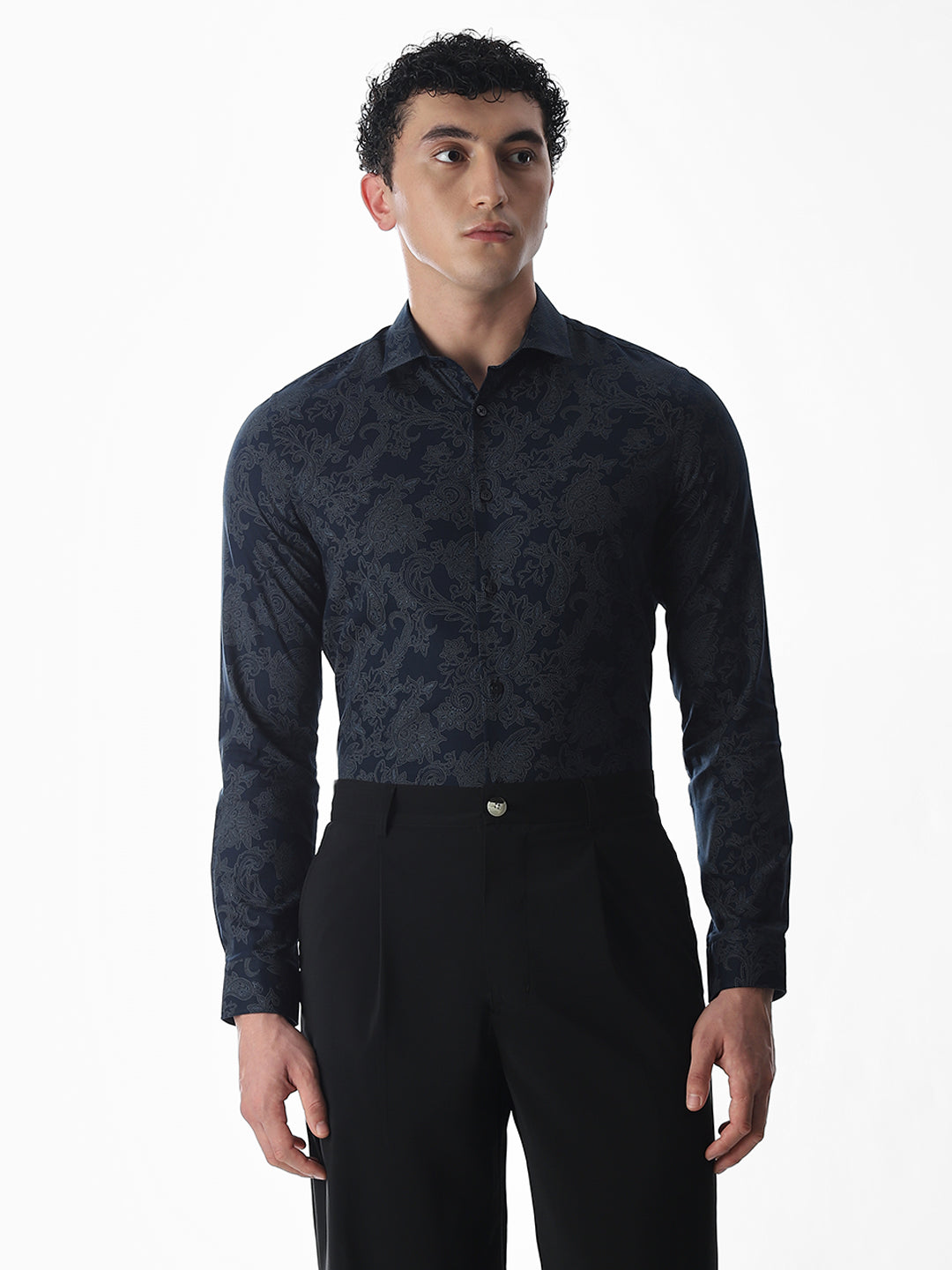 Printed Navy Blue Slim Fit Shirt