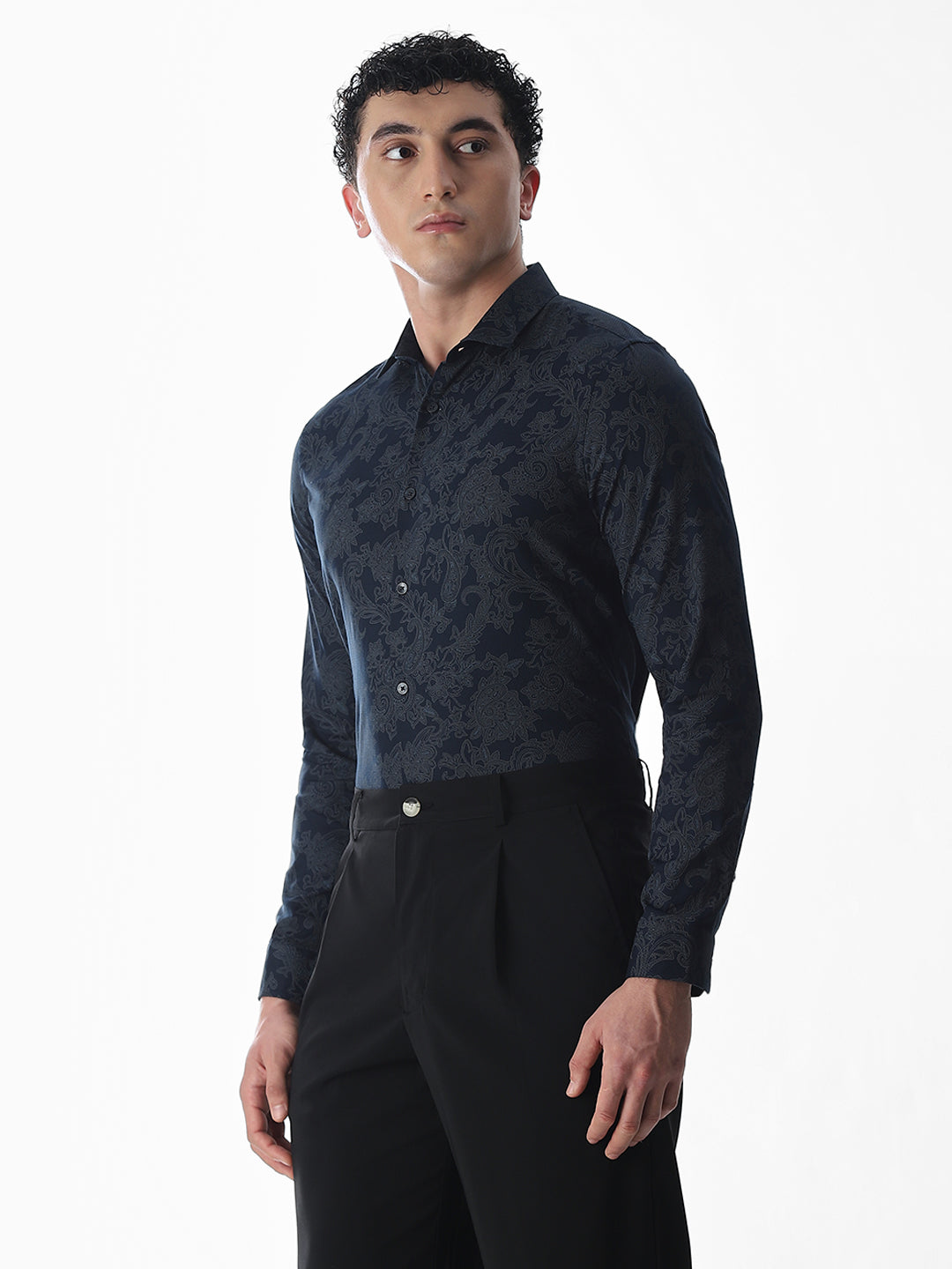 Printed Navy Blue Slim Fit Shirt
