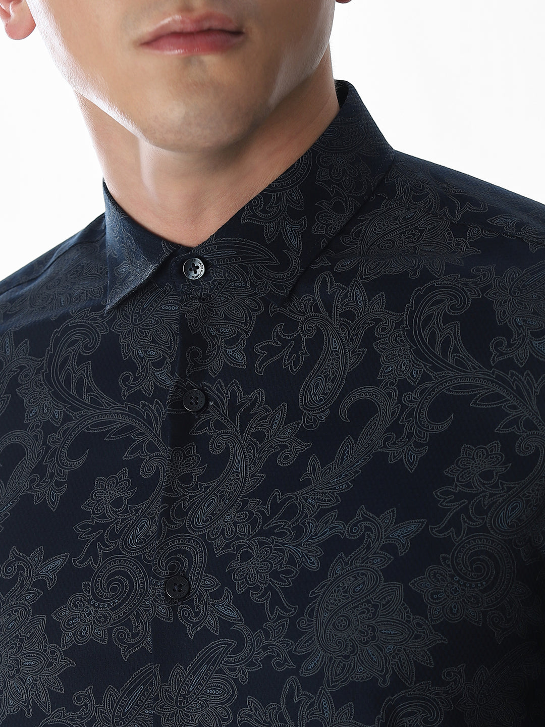 Printed Navy Blue Slim Fit Shirt