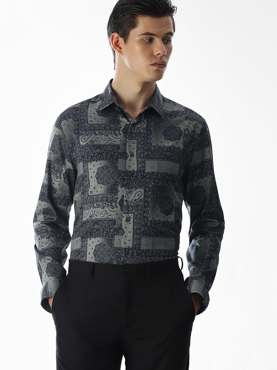 Printed Olive Green Slim Fit Shirt