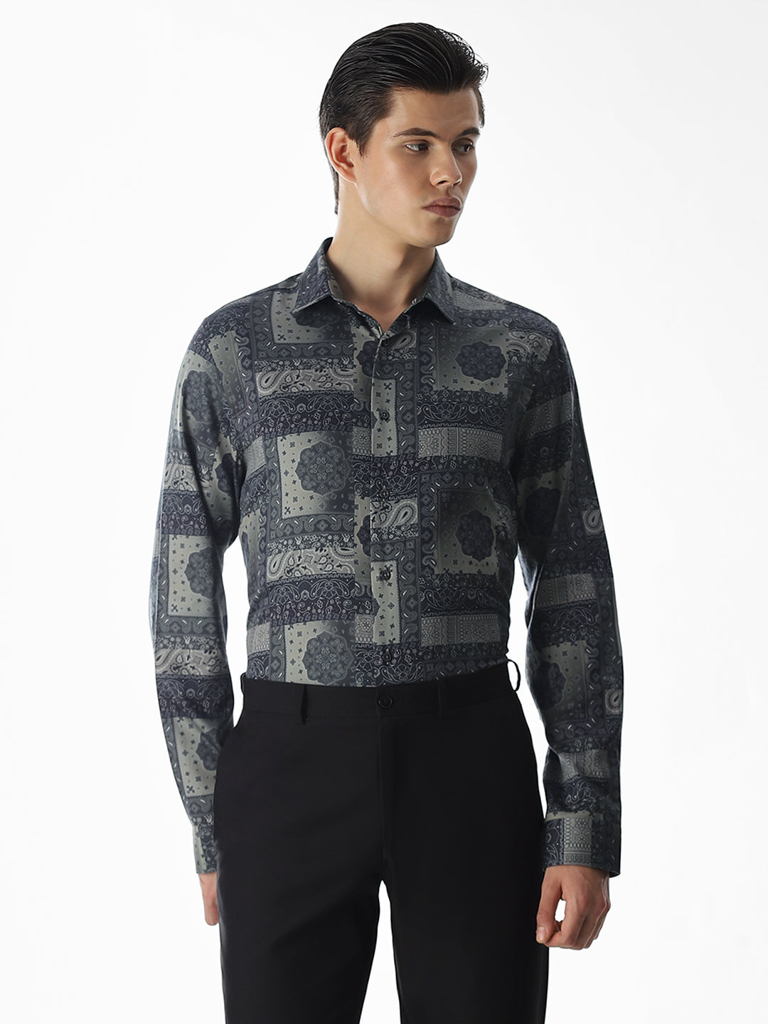 Printed Olive Green Slim Fit Shirt