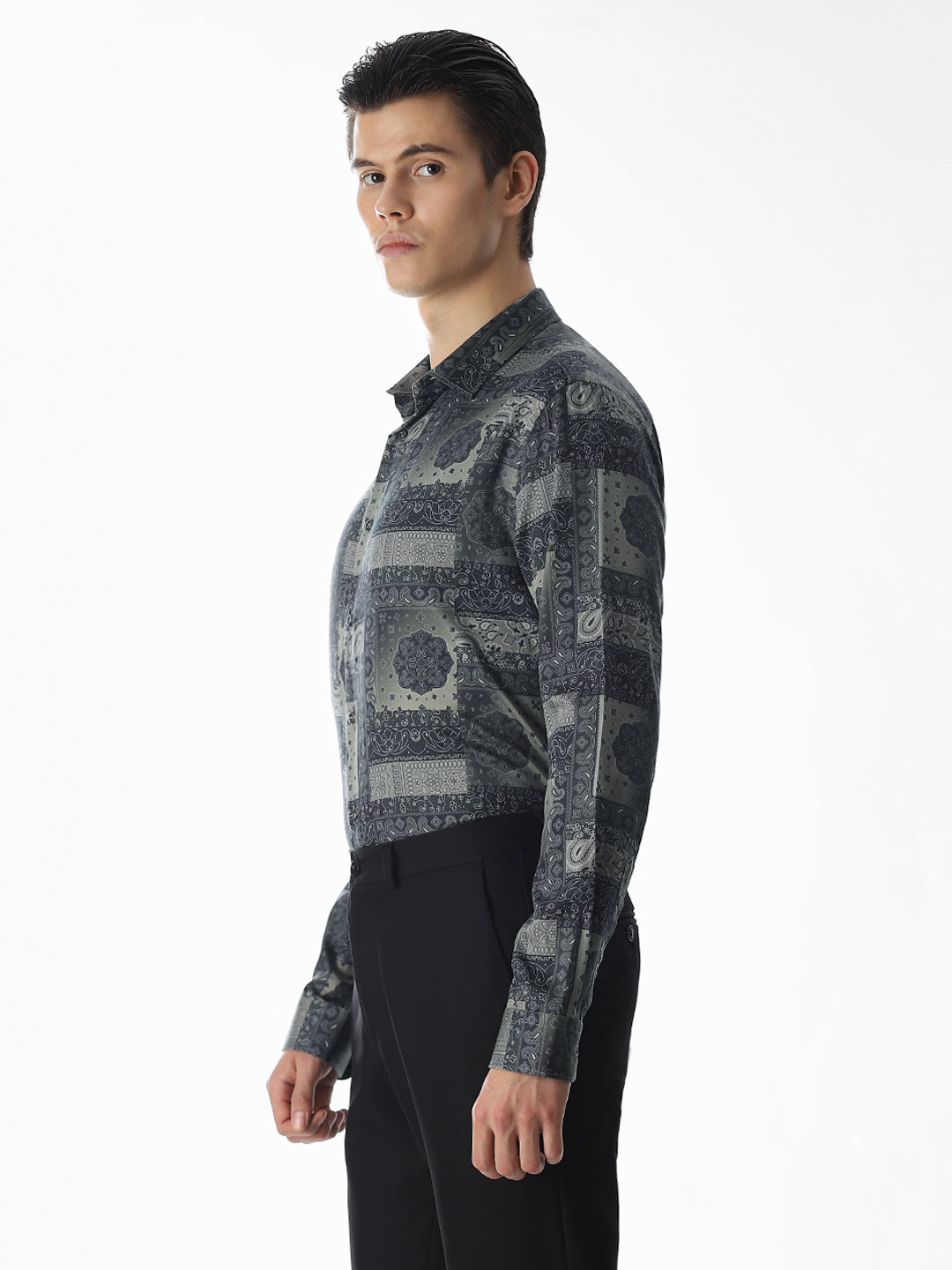 Printed Olive Green Slim Fit Shirt